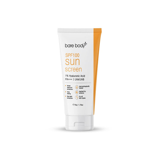 Bare Body Plus SPF100 Sunscreen with 1% Hyaluronic acid, 99% Protection against UVA/UVB rays with Blue Light Filter | 50gm